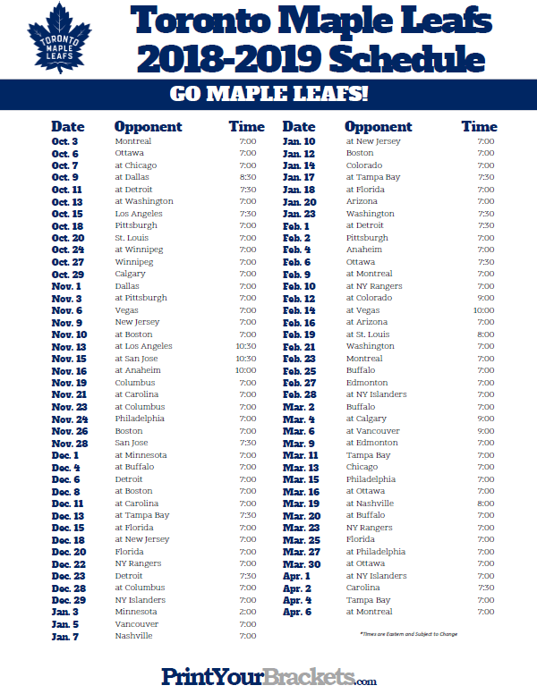 Printable 2018 2019 Toronto Maple Leafs Hockey Schedule 