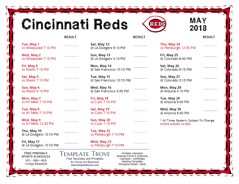 Printable 2018 Cincinnati Reds Schedule