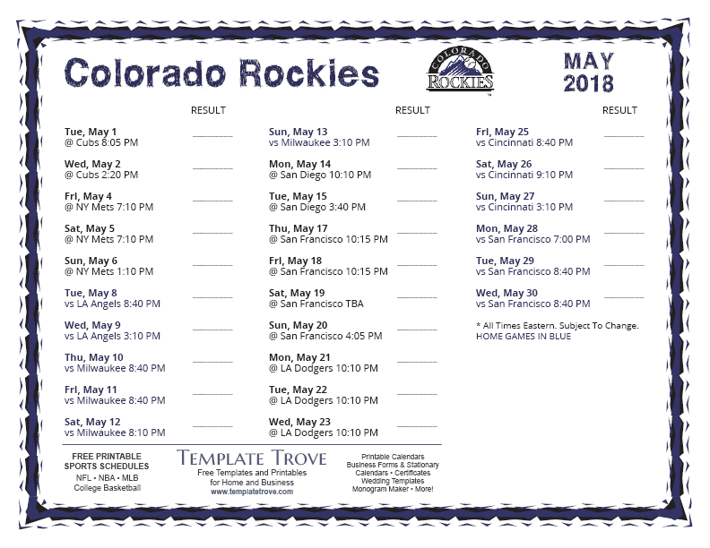 Printable Rockies Schedule