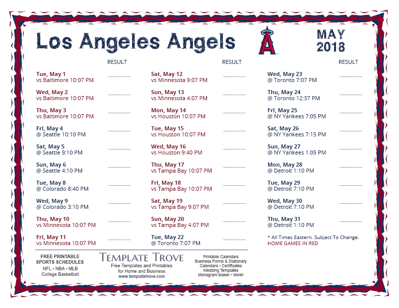 Printable 2018 Los Angeles Angels Schedule