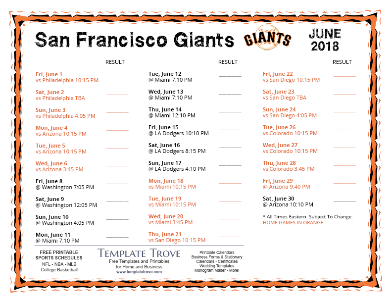 Printable 2018 San Francisco Giants Schedule