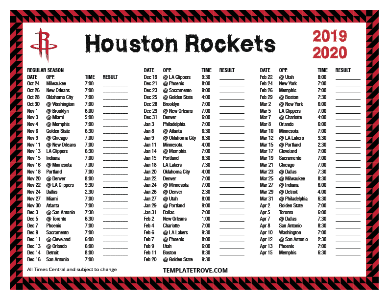 Printable 2019 2020 Houston Rockets Schedule