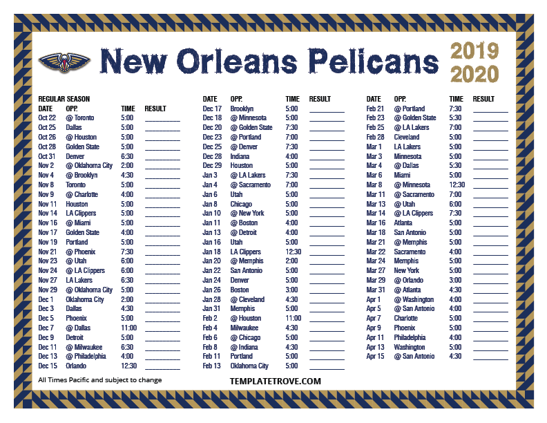 Printable 2019 2020 New Orleans Pelicans Schedule