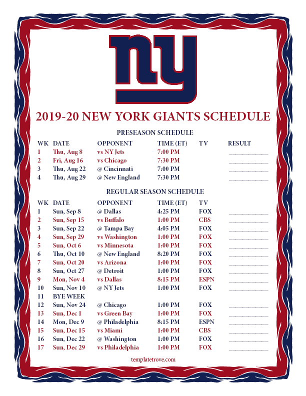 Printable 2019 2020 New York Giants Schedule