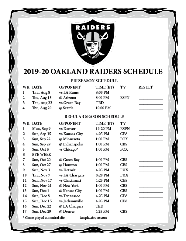 Printable Raiders Schedule
