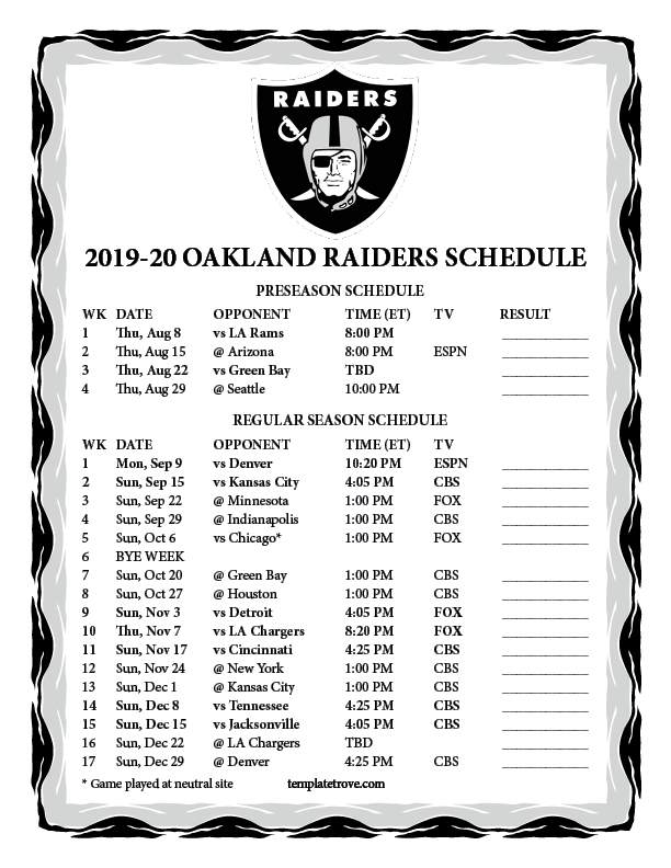 Printable 2019 2020 Oakland Raiders Schedule