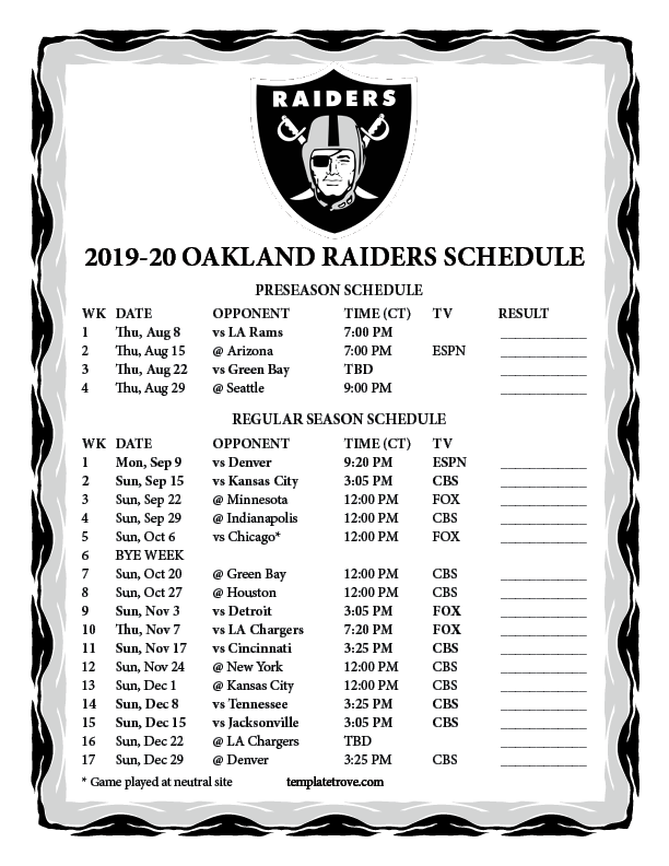 Printable 2019 2020 Oakland Raiders Schedule