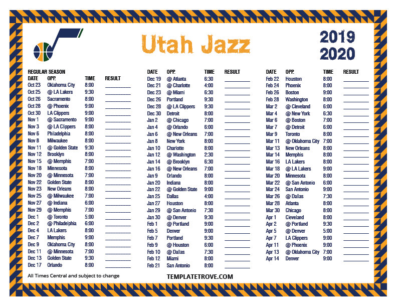 Printable 2019 2020 Utah Jazz Schedule