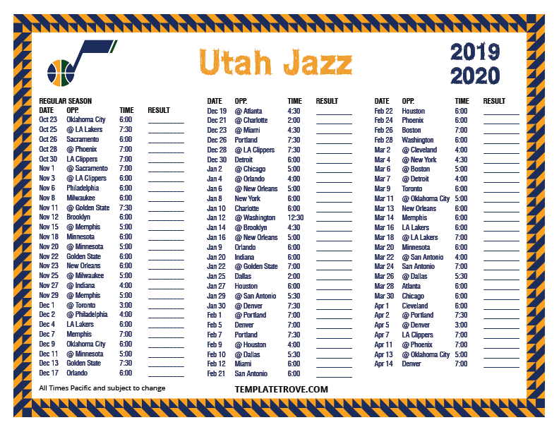 Printable 2019 2020 Utah Jazz Schedule