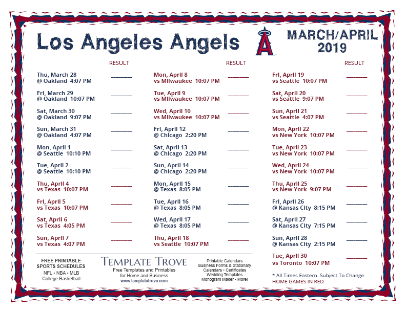 Printable 2019 Los Angeles Angels Schedule