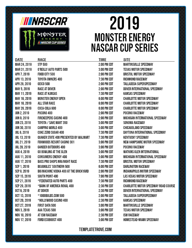 Printable 2019 NASCAR Schedule