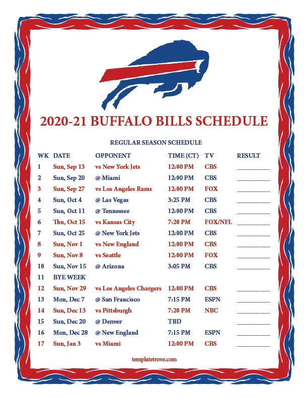 Printable 2020 2021 Buffalo Bills Schedule