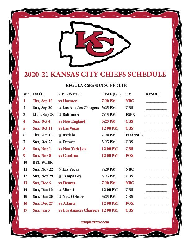 Printable 2020 2021 Kansas City Chiefs Schedule Chiefs