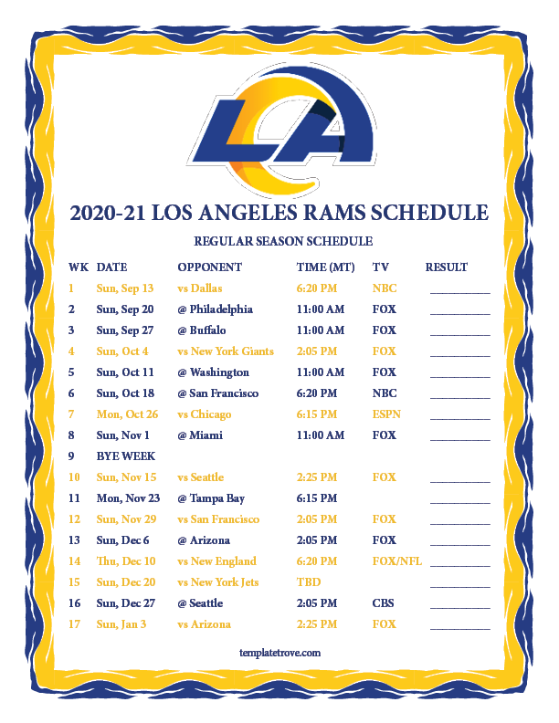 Printable 2020 2021 Los Angeles Rams Schedule