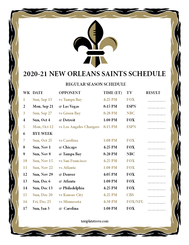 Saints 2021 Schedule Printable