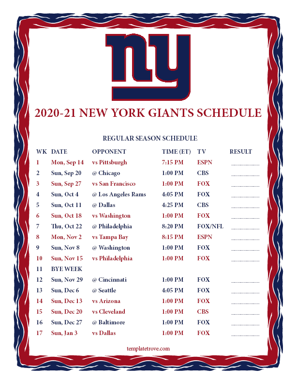 Printable 2020 2021 New York Giants Schedule