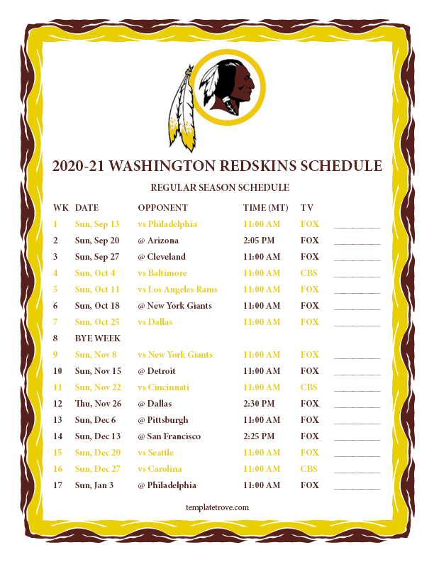 Printable 2020 2025 Washington Redskins Schedule