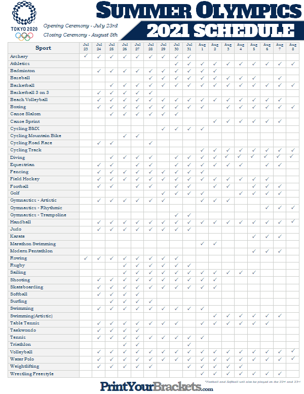 Printable 2021 Olympic Schedule Summer Tokyo Games