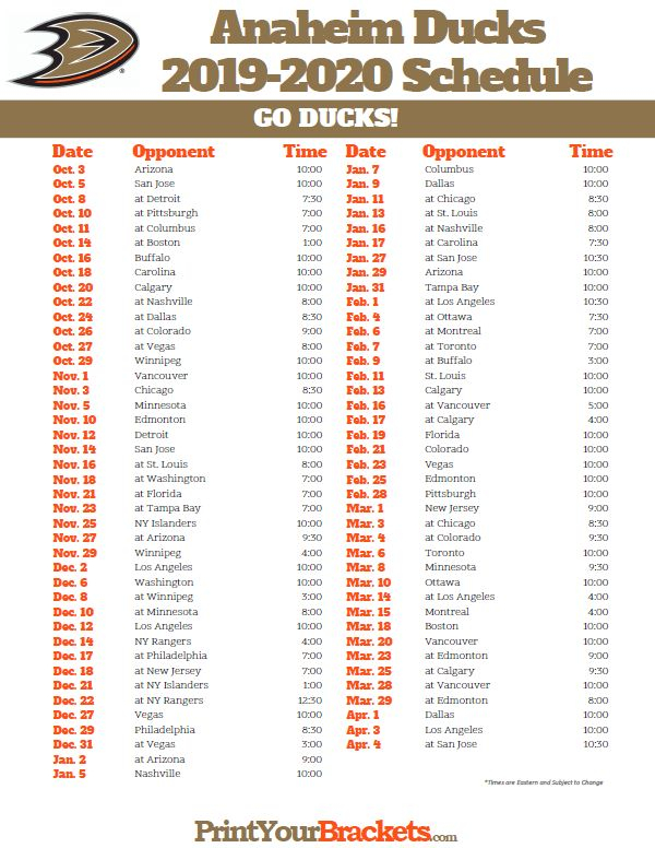 Printable Anaheim Ducks Hockey Schedule 2019 2020 