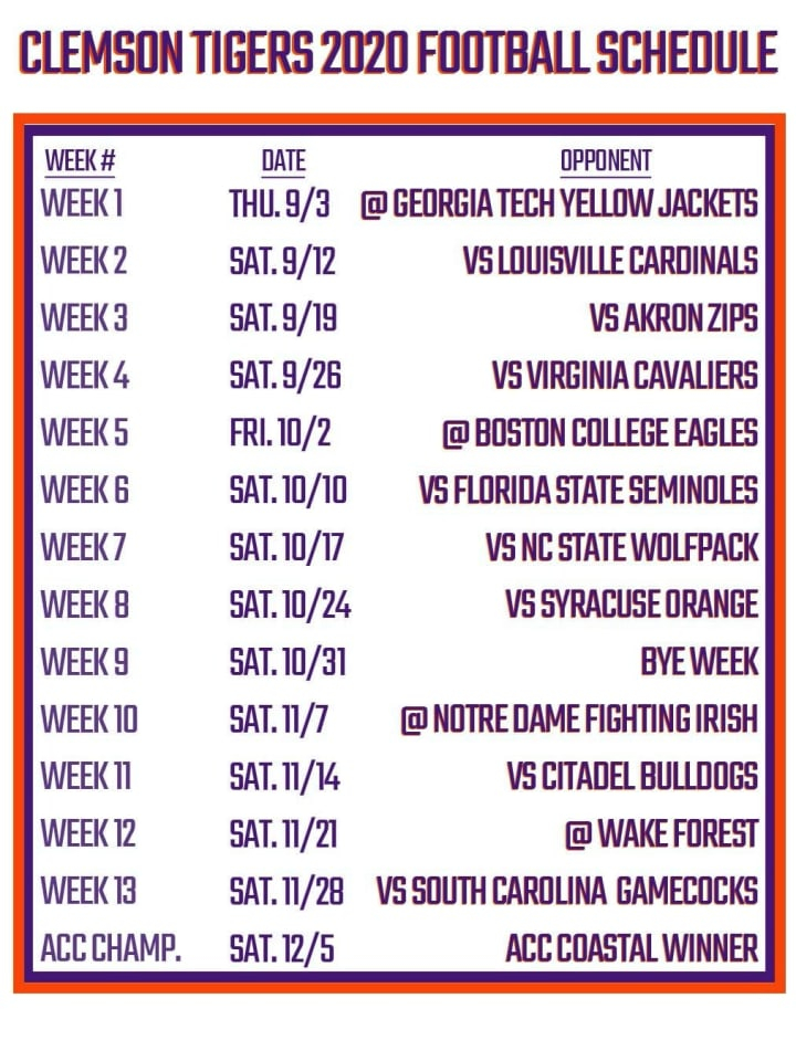 Printable Clemson Football Schedule 2020