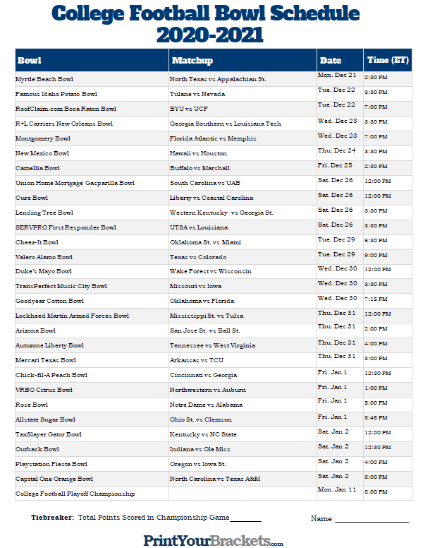 Printable College Football Bowl Schedule Pick em Sheet