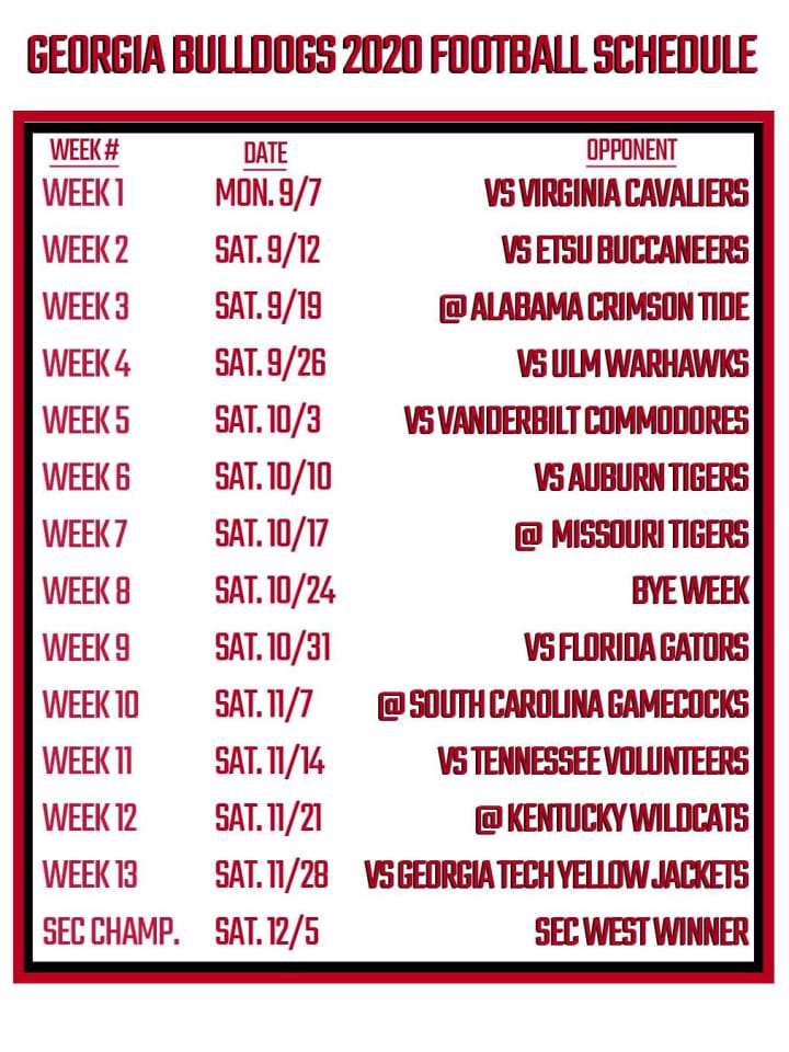 Printable Georgia Football Schedule 2020