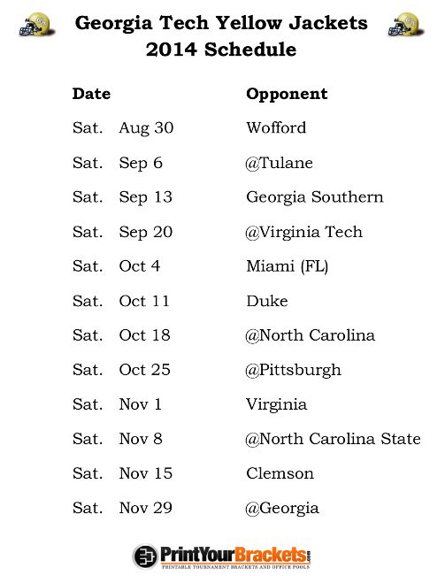 Printable Georgia Tech Yellow Jackets Football Schedule 