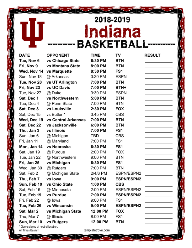 Printable Iu Basketball Schedule 2018 19 TUTORE ORG 