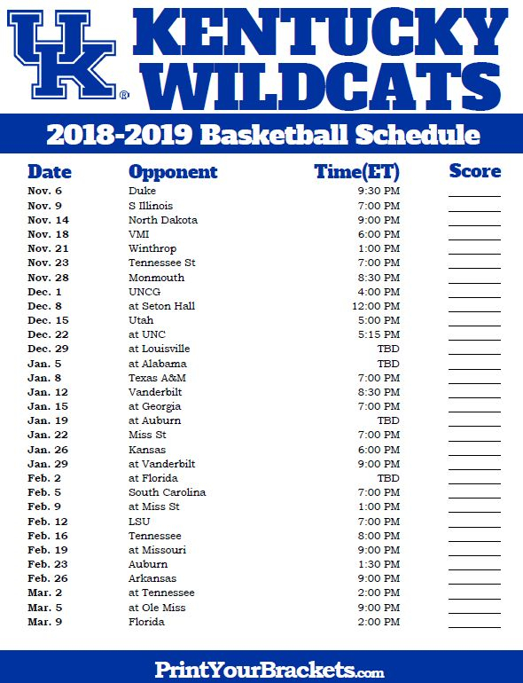 Printable Kentucky Wildcats Basketball Schedule Wildcats