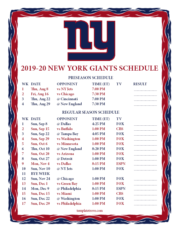 Printable New York Giants Schedule 2021 - FreePrintableTM.com