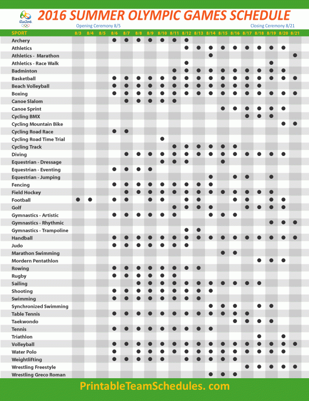 Printable Olympic Schedule 2016 Rio Summer Games 