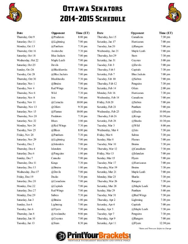 Ottawa Senators Printable Schedule