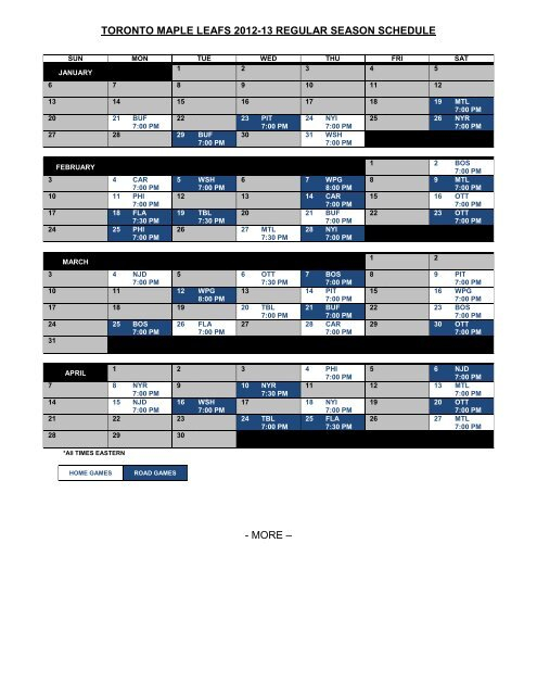 Printable Regular Schedule Toronto Maple Leafs