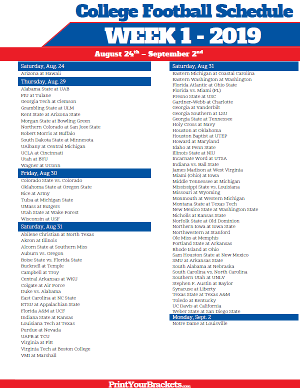 Printable Week 1 College Football Schedule 2021