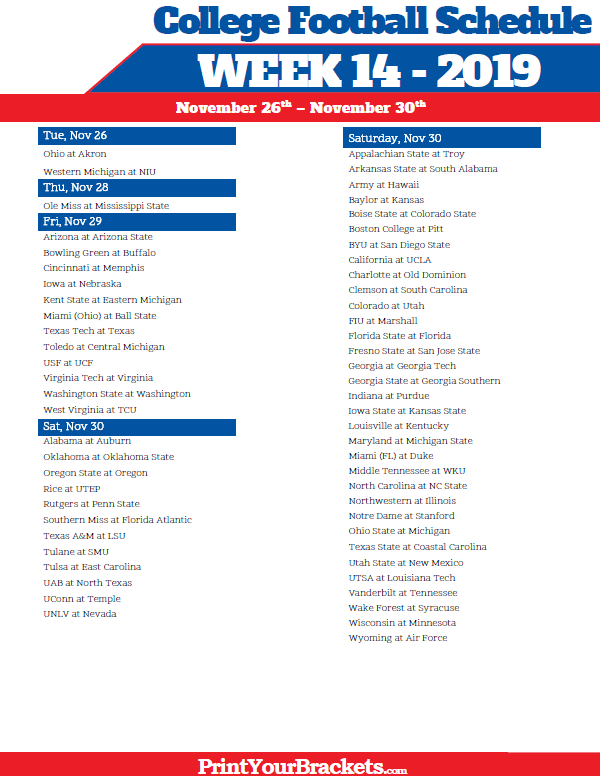 Printable Week 14 College Football Schedule 2021