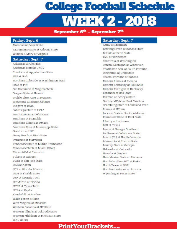 Printable Week 2 College Football Schedule 2020