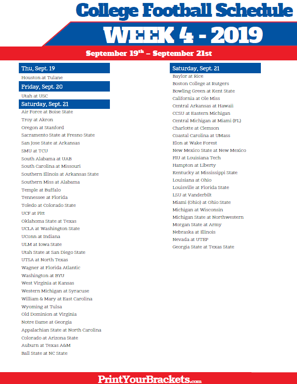 Printable Week 4 College Football Schedule 2021