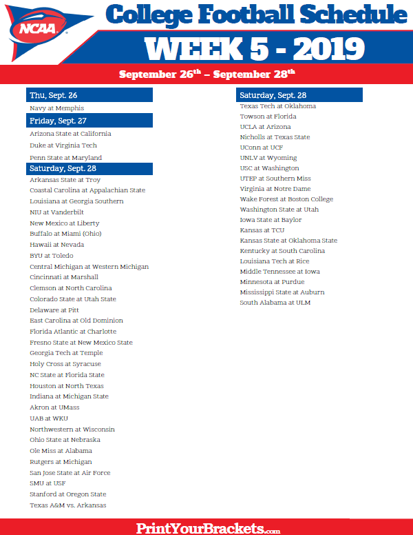 Printable Week 5 College Football Schedule 2020