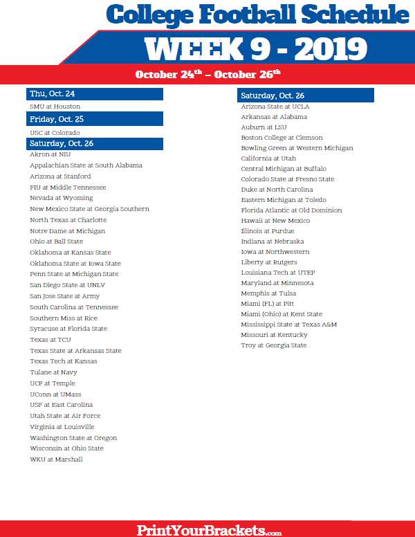 Printable Week 9 College Football Schedule 2020