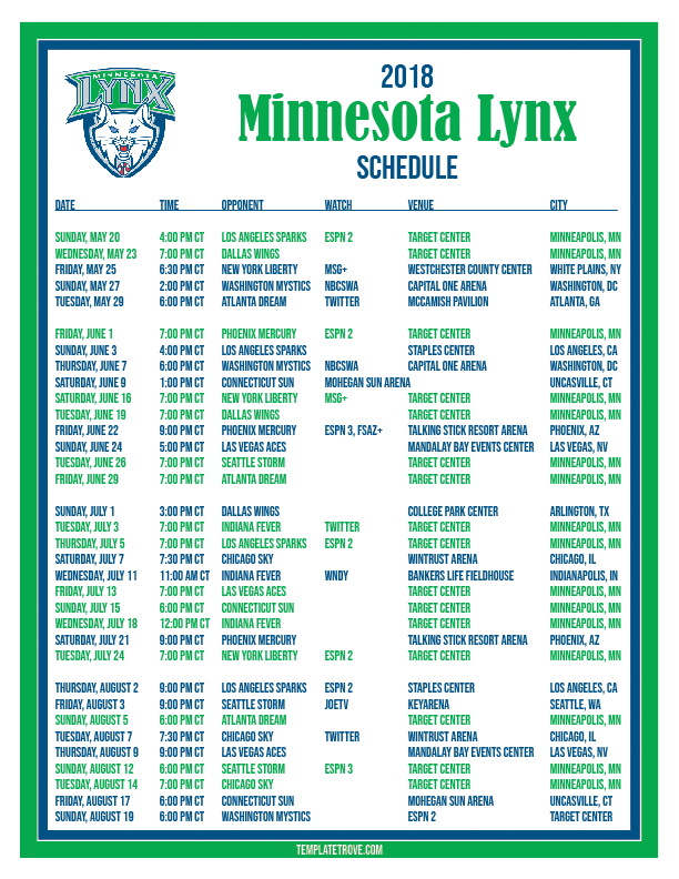 Printable2018 Minnesota Lynx Basketball Schedule