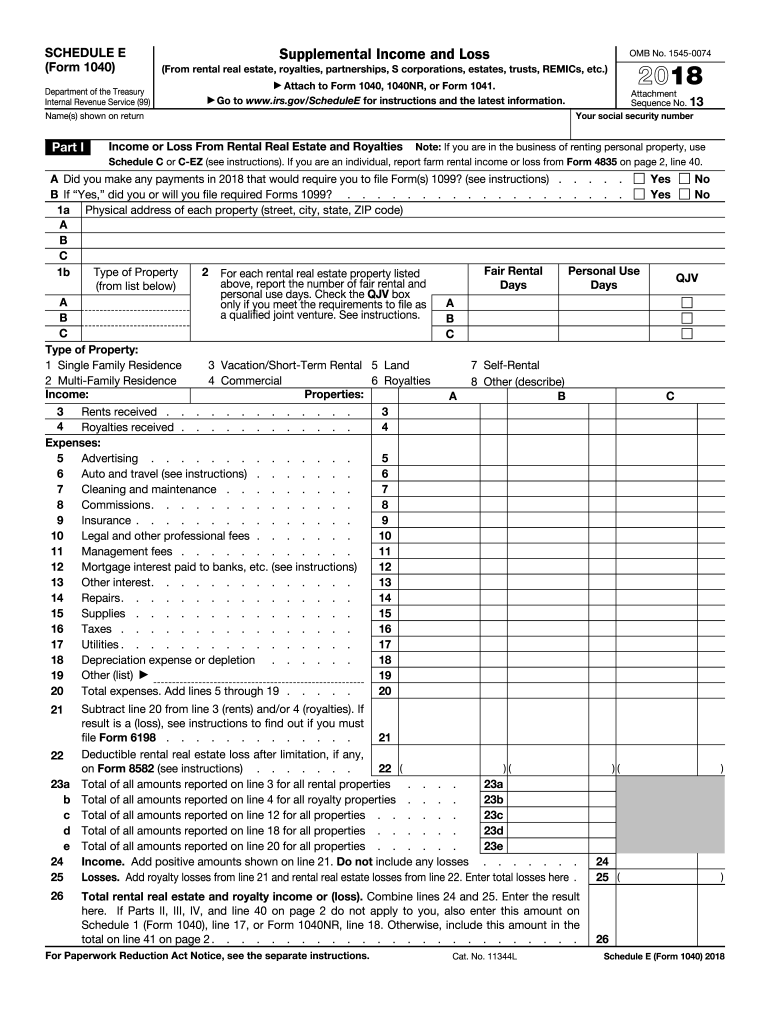 Schedule E 2018 Fill Out And Sign Printable PDF Template