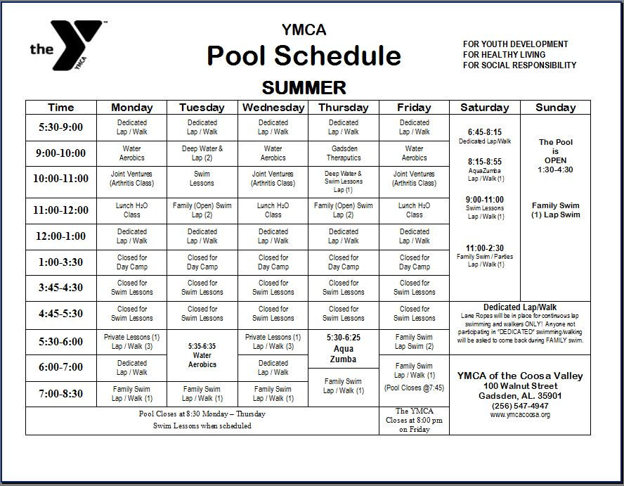 Schedules The YMCA Of Coosa Valley