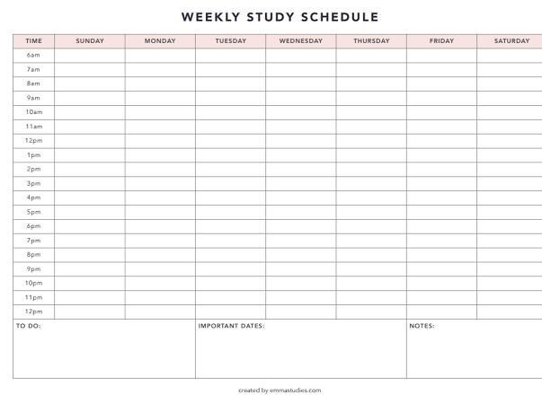  Study Schedule Study 