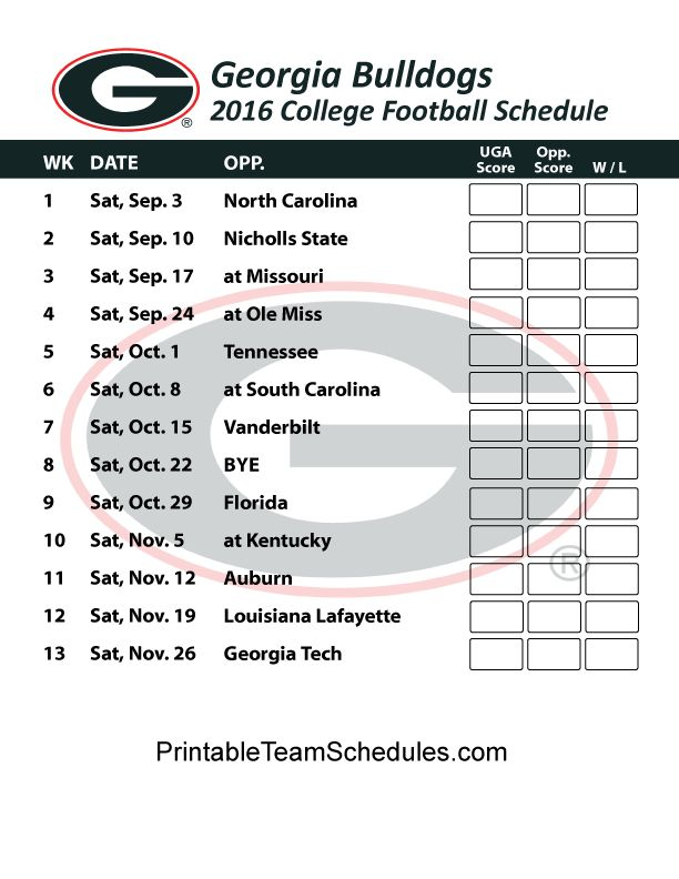 2021 Georgia Bulldogs Football Schedule Printable - FreePrintableTM.com