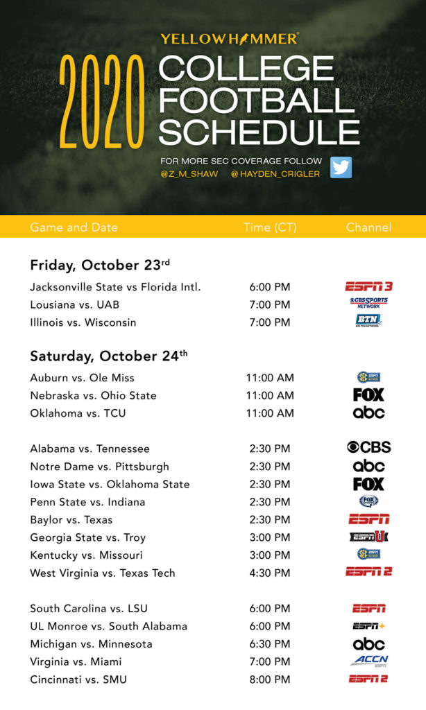 This Weekend S College Football TV Schedule Yellowhammer
