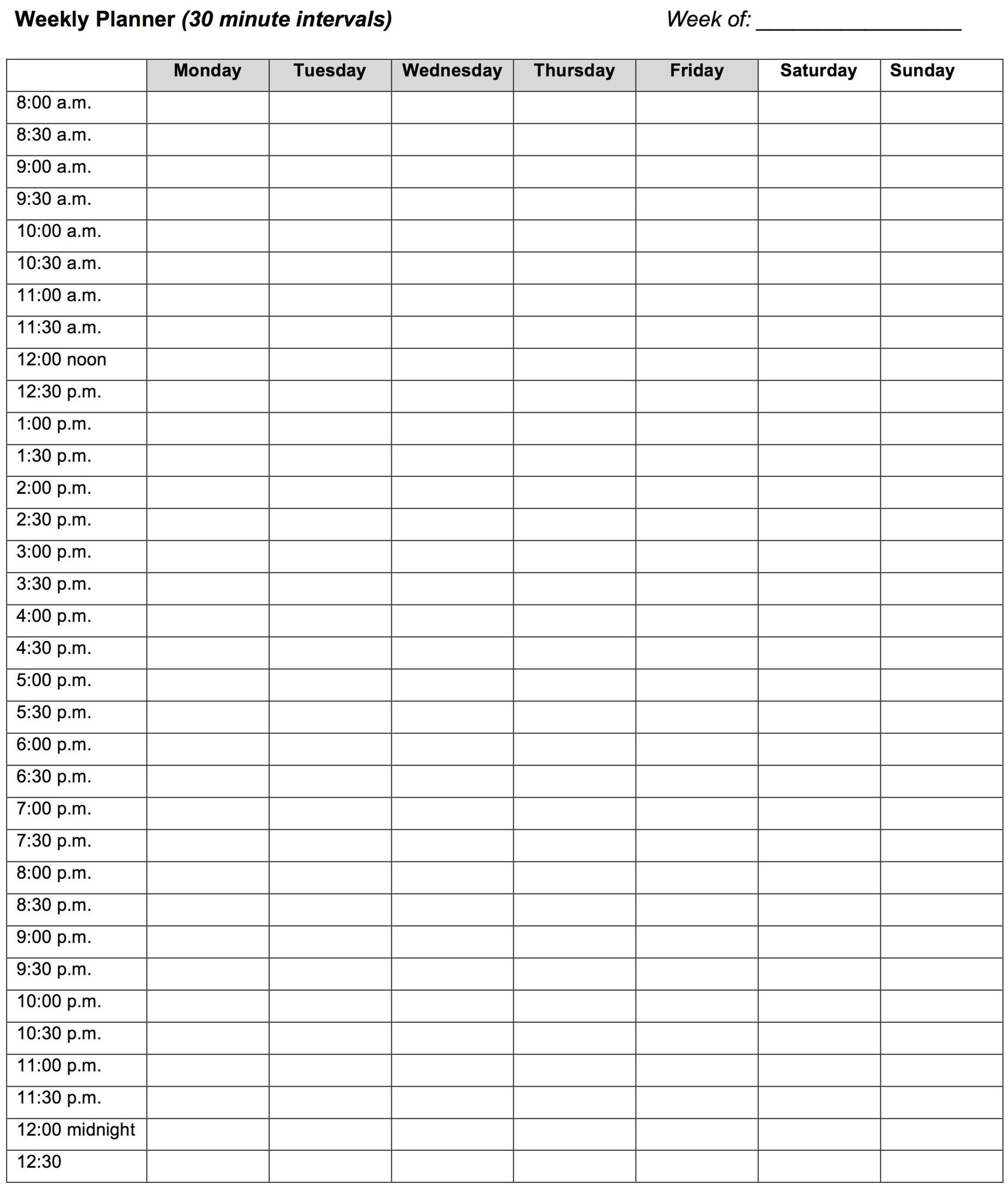 Weekly Planner 30 Minute Intervals With Daily Calendar 