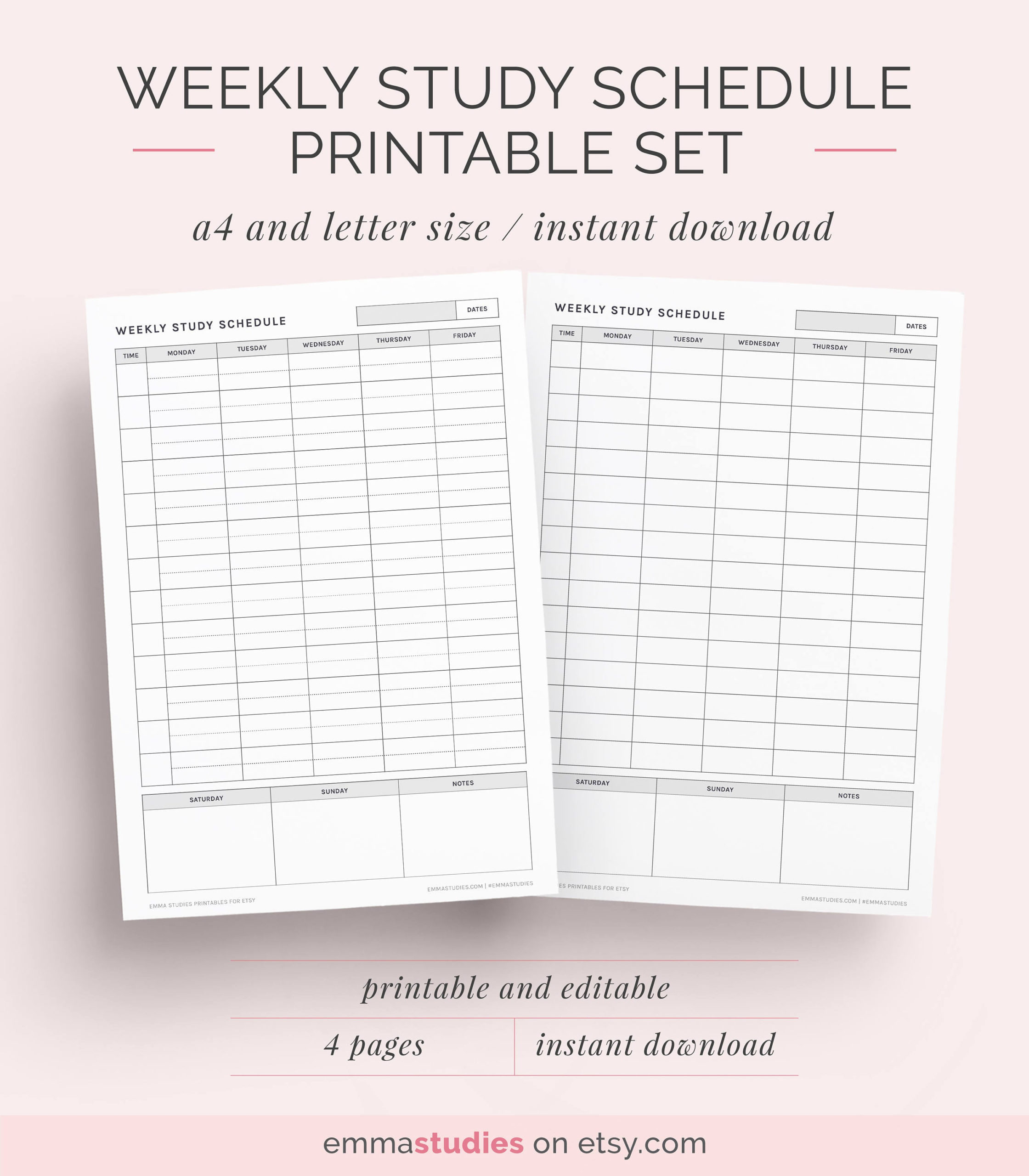 Weekly Study Schedule Printable Set Student Planner Agenda 