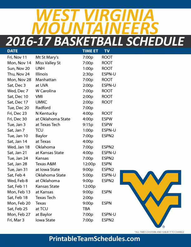 Wvu Printable Basketball Schedule