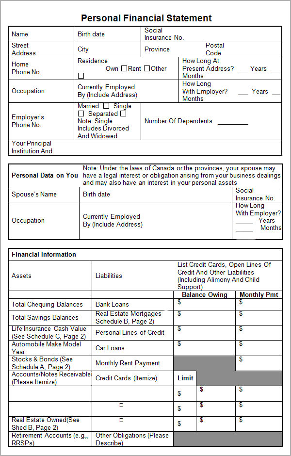 15 Sample Personal Financial Statement Templates Sample 