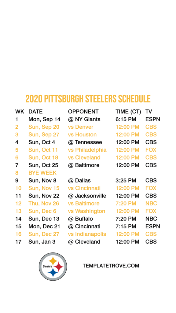 Pittsburgh Steelers 2020 Football Schedule | FreePrintableTM.com